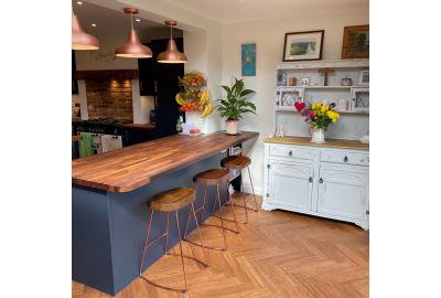 Carbonised Parquet Block Bamboo Flooring throughout an open plan Kitchen and Dining area