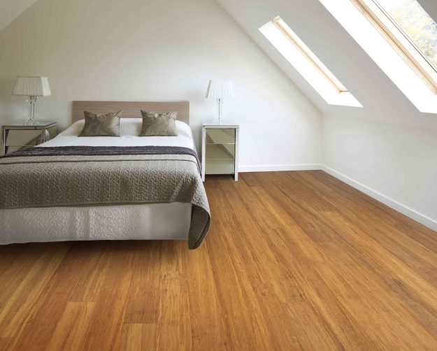 Solid Uniclic Brushed Carbonised Strand Woven 135mm Bamboo Flooring Room Shot