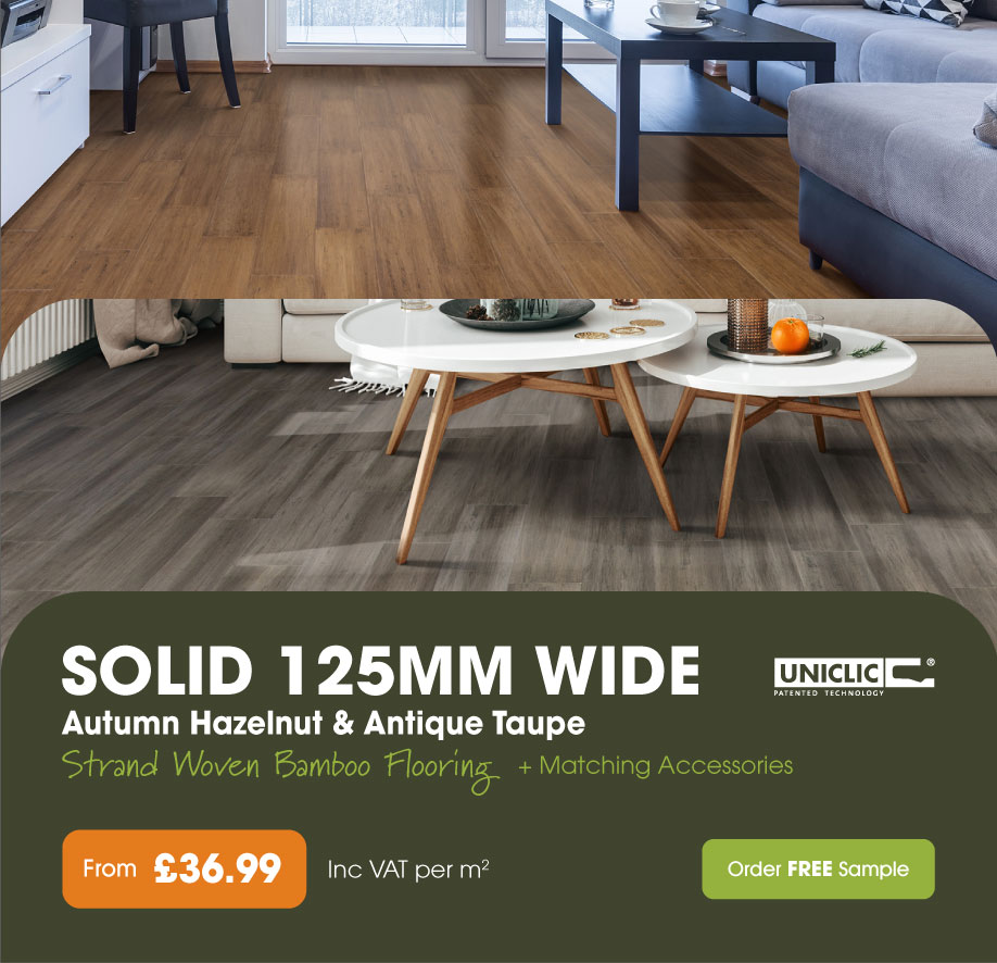 Solid 125mm Wide Strand Woven Bamboo Flooring, Autumn Hazelnut & Antique Taupe